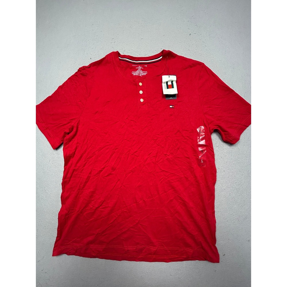 Tommy Hilfiger Henley Shirt Cotton Blend Red Large Mens